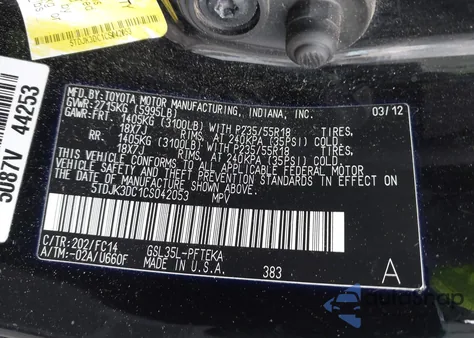 2012 Toyota Sienna Le 7 Passenger from USA, damaged, VIN 5TDJK3DC1CS042053